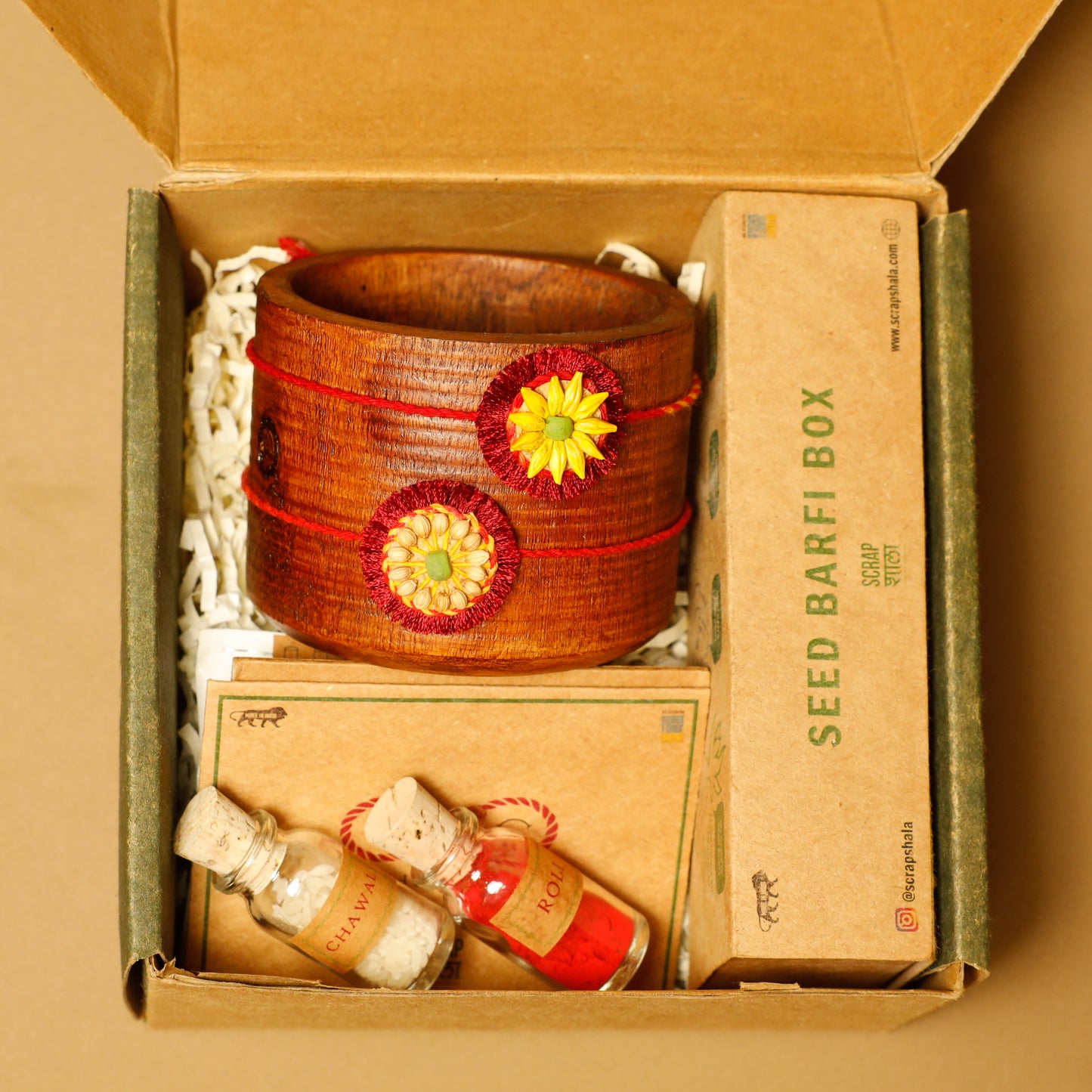 Akkad-Bakkad Premium Rakhi Box | Set of 2 plantable rakhi | Wooden planter | Planting material | Roli-Chawal | Seed ball | Greeting card | Handmade in Banaras