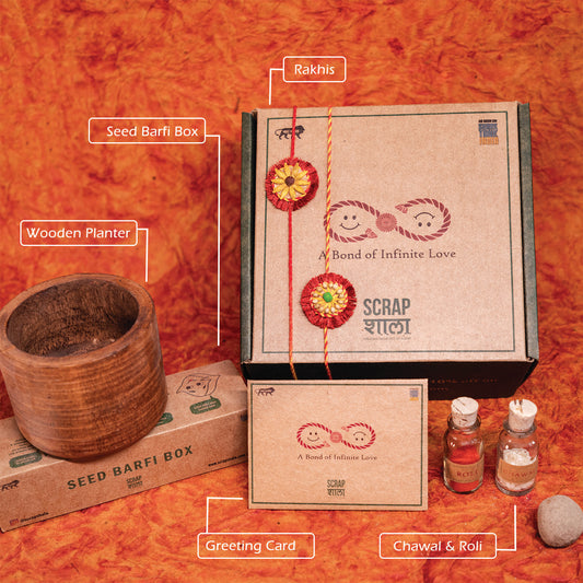 Akkad-Bakkad Premium Rakhi Box | Set of 2 plantable rakhi | Wooden planter | Planting material | Roli-Chawal | Seed ball | Greeting card | Handmade in Banaras