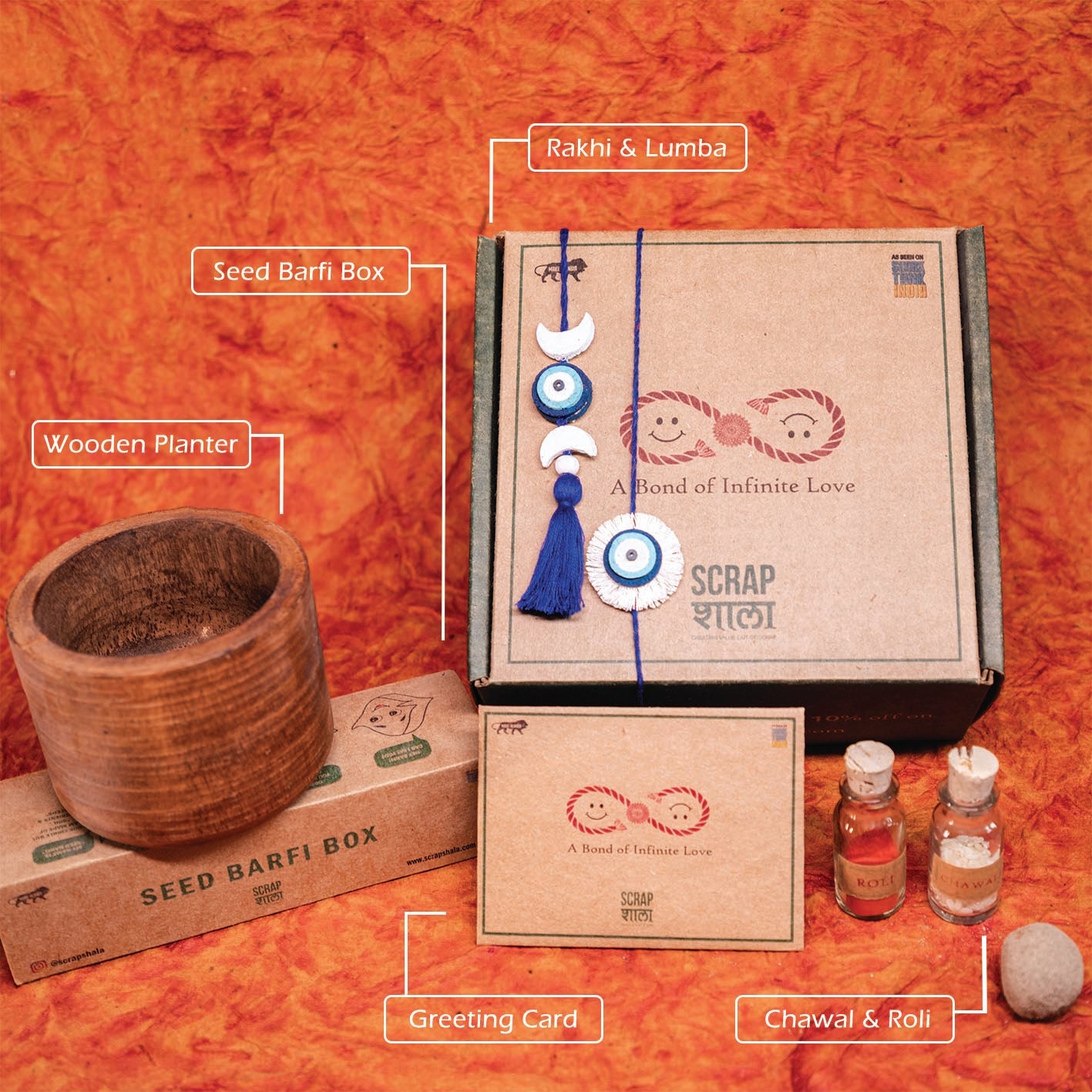Nazarbattu Premium Rakhi Box | Plantable rakhi and lumba set | Wooden planter | Planting material | Roli-Chawal | Seed ball | Greeting card | Handmade in Banaras