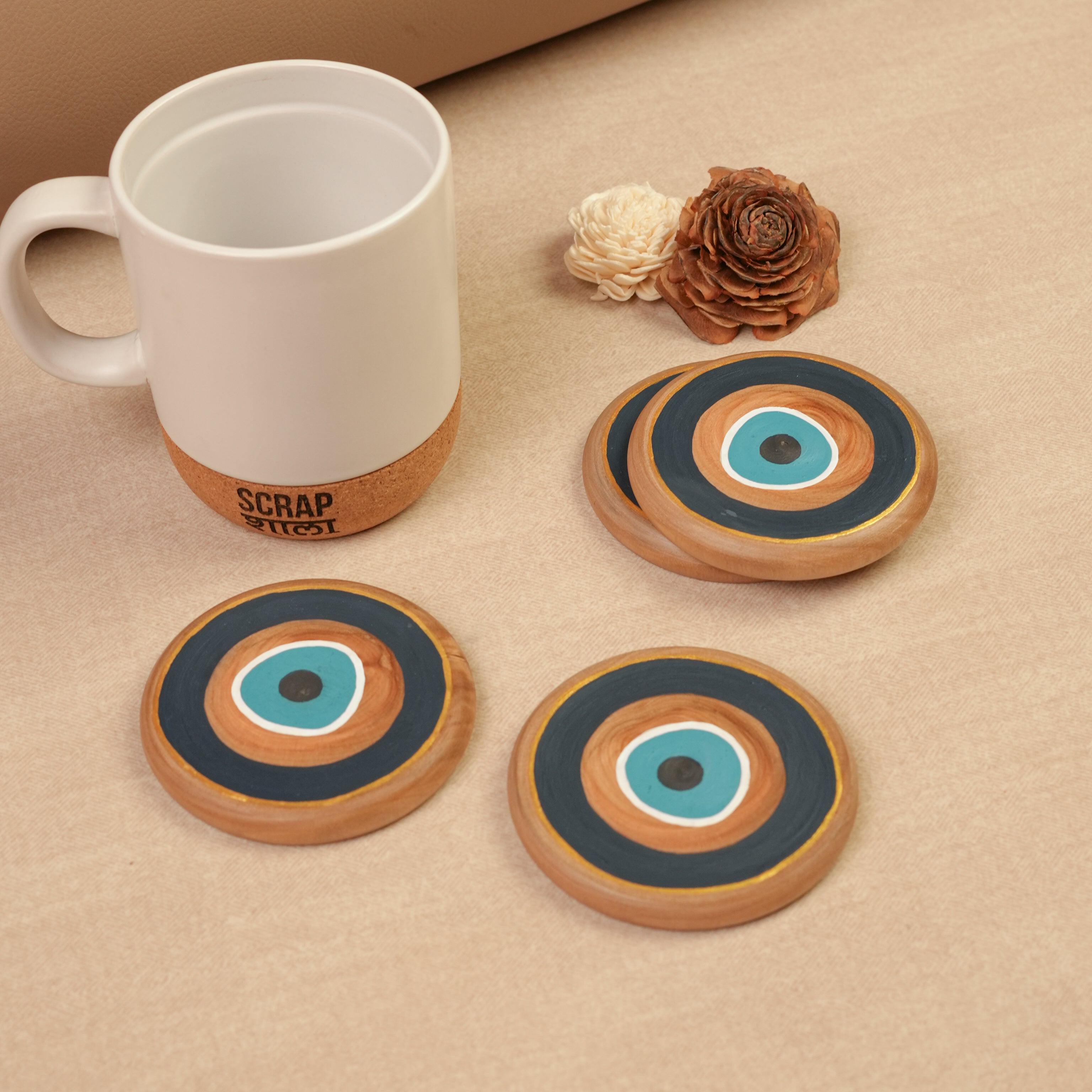 Sukoon Diwali Gift Hamper (Pack of 5) | Cork Ceramic Mug with Wooden Lid | Evil Eye Wooden Coasters | Sustainable & Handcrafted in Banaras