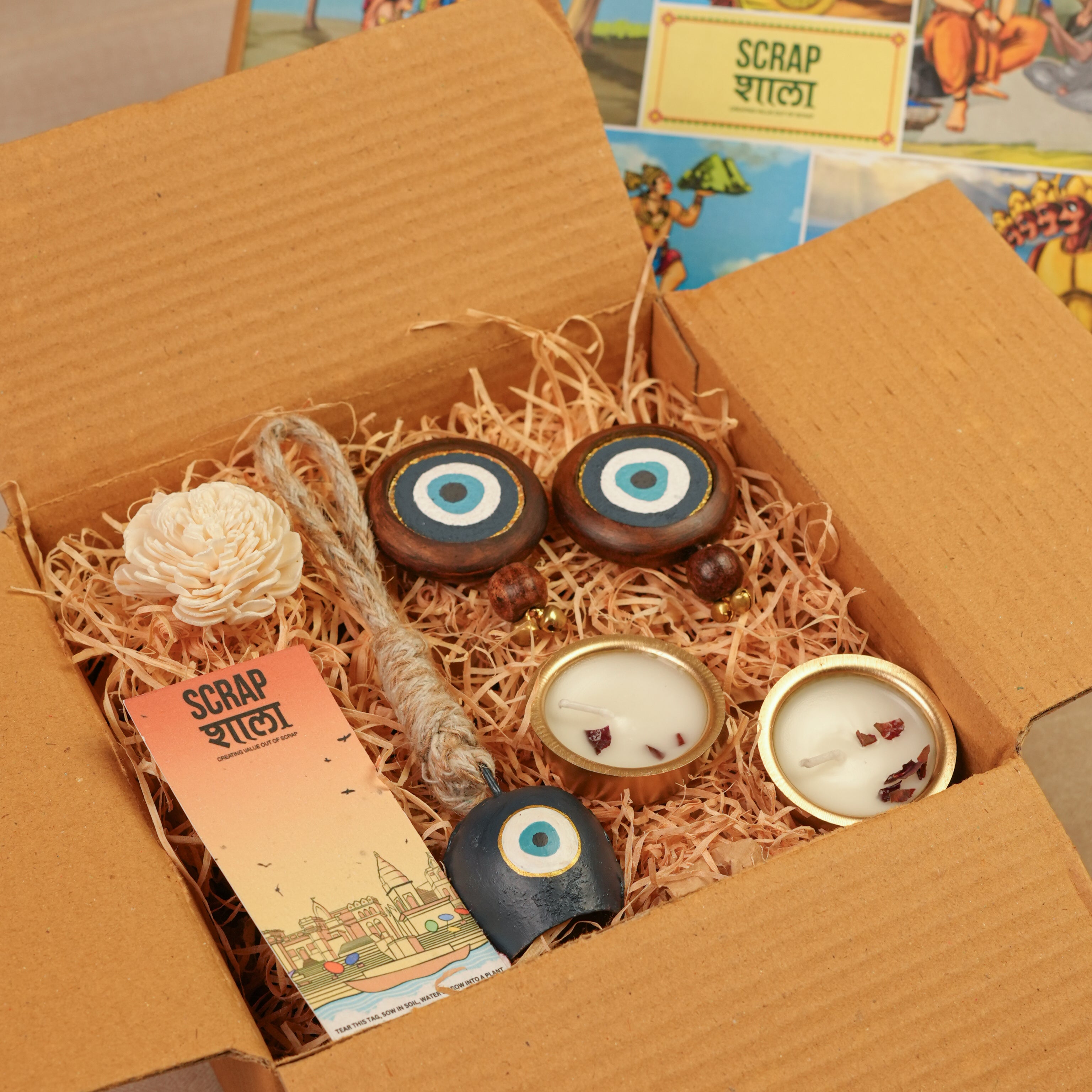 Nazar Jyoti Gift Hamper | Evil Eye Door Hanging Pair, Bell Hanging & Gold Soy Wax Candles | Eco-Friendly Sustainable Hamper Handcrafted in Banaras