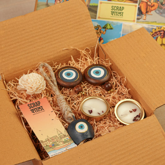 Nazar Jyoti Diwali Gift Hamper | Evil Eye Door Hanging Pair, Bell Hanging & Gold Soy Wax Candles | Eco-Friendly Sustainable Hamper Handcrafted in Banaras
