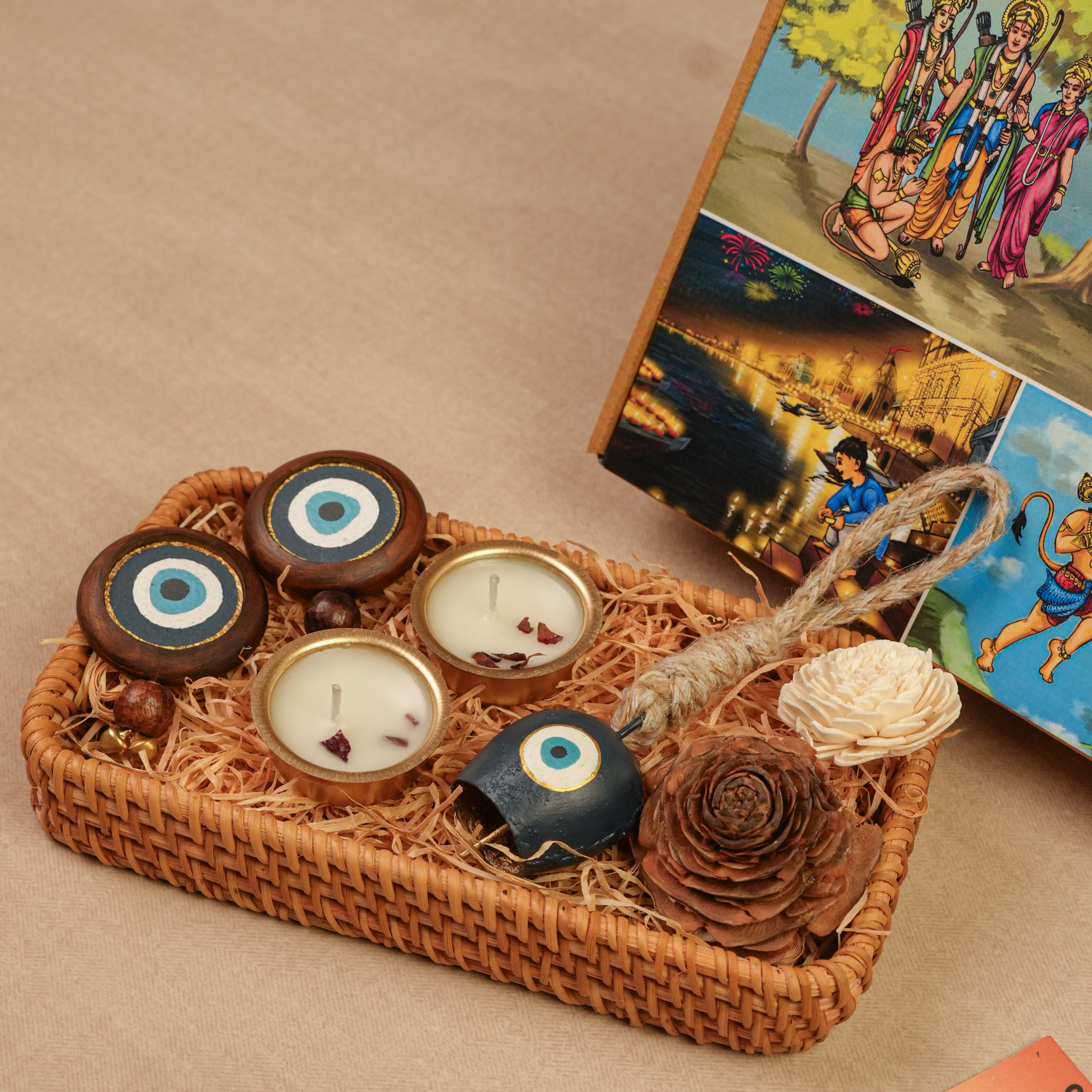 Nazar Jyoti Gift Hamper | Evil Eye Door Hanging Pair, Bell Hanging & Gold Soy Wax Candles | Eco-Friendly Sustainable Hamper Handcrafted in Banaras