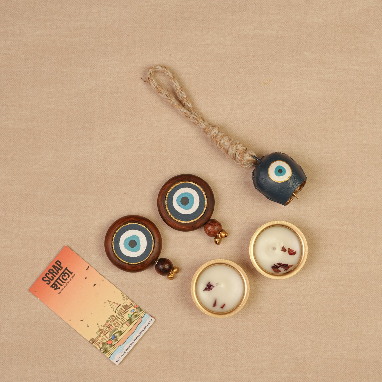 Nazar Jyoti Diwali Gift Hamper | Evil Eye Door Hanging Pair, Bell Hanging & Gold Soy Wax Candles | Eco-Friendly Sustainable Hamper Handcrafted in Banaras