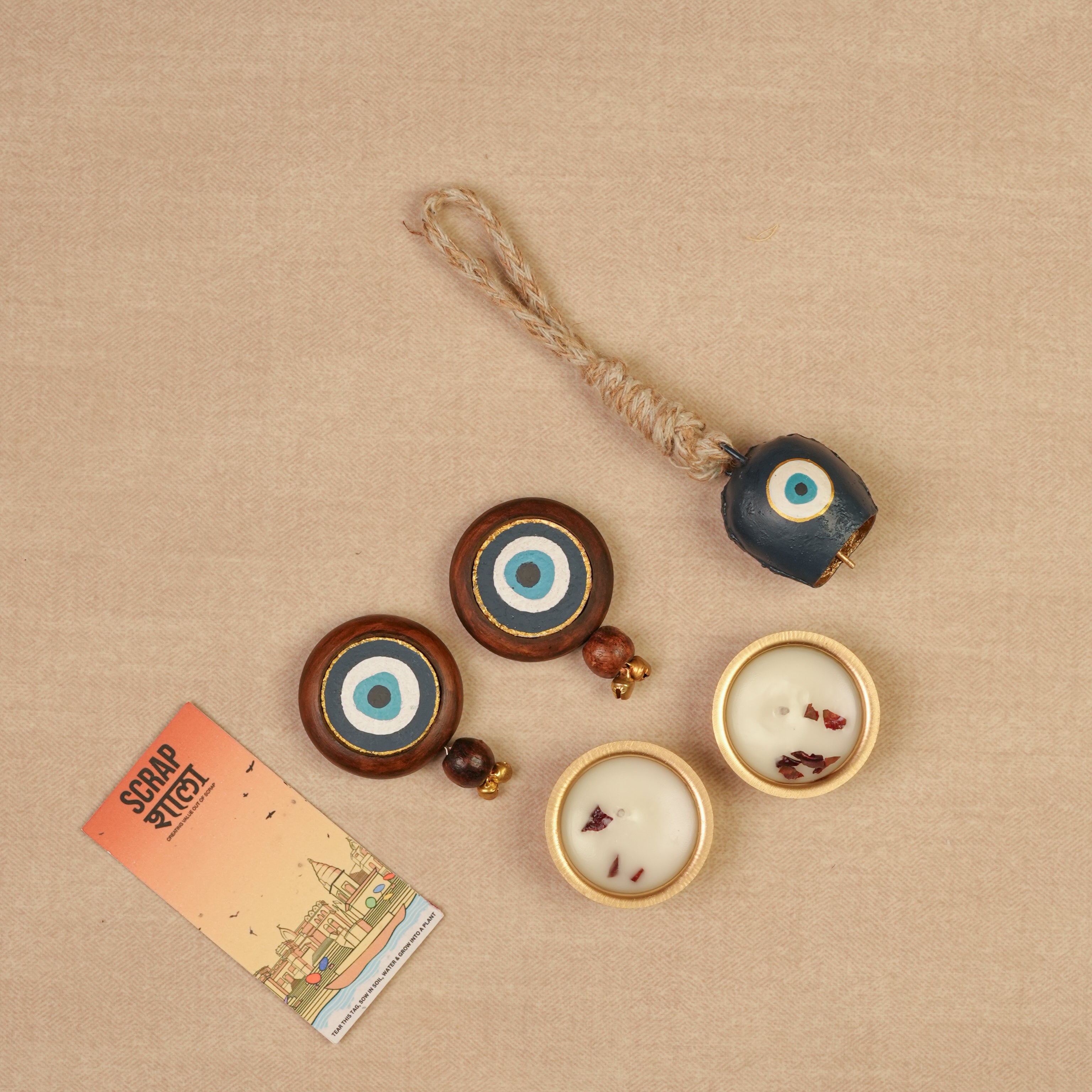 Nazar Jyoti Gift Hamper | Evil Eye Door Hanging Pair, Bell Hanging & Gold Soy Wax Candles | Eco-Friendly Sustainable Hamper Handcrafted in Banaras