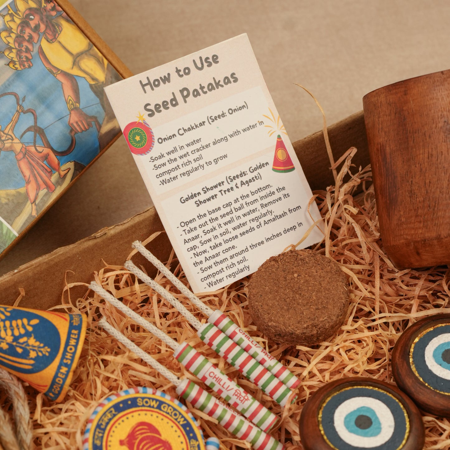Samriddhi Diwali Gift Hamper | Evil Eye Décor with Door Hanging & Bell, Wooden Planter with Cocopeat, Plantable Seed Crackers | Sustainable & Handcrafted in Banaras