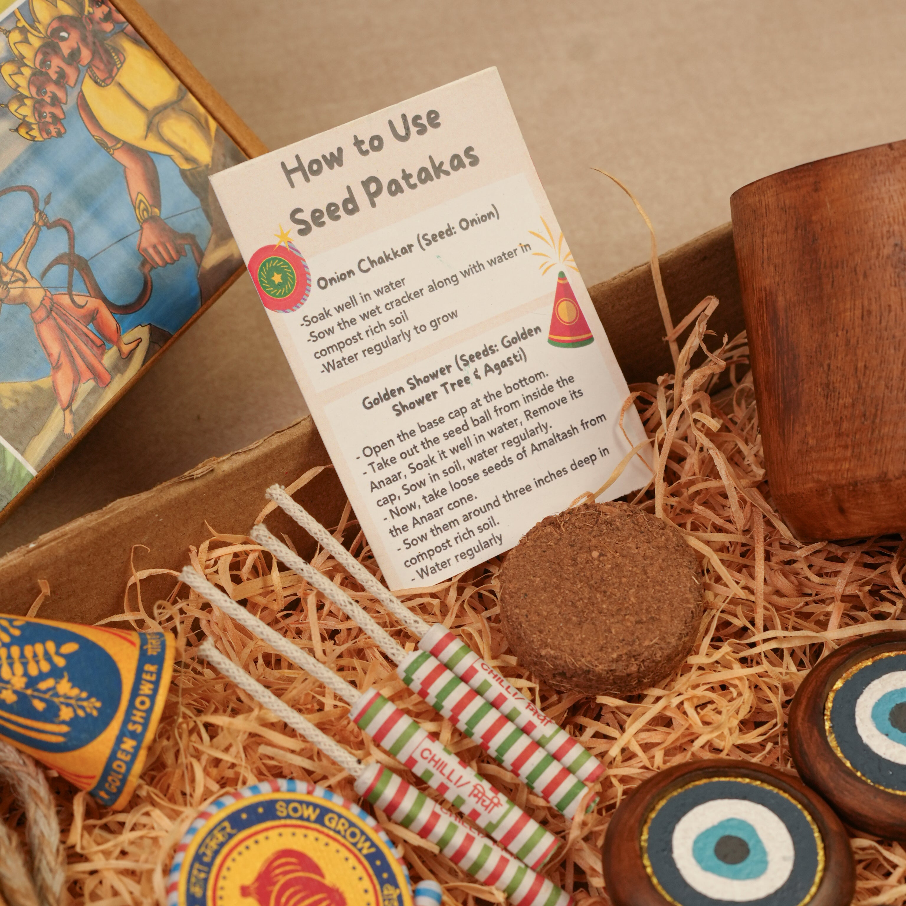Samriddhi Diwali Gift Hamper | Evil Eye Décor with Door Hanging & Bell, Wooden Planter with Cocopeat, Plantable Seed Crackers | Sustainable & Handcrafted in Banaras