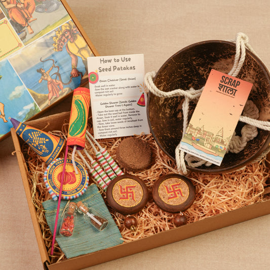 Prakriti Diwali Gift Hamper | Coconut Shell Hanging Planter with Macramé, Seed Jars, Plantable Seed Crackers, Cocopeat & Natural Wood Swastik Décor | Sustainable & Handcrafted in Banaras
