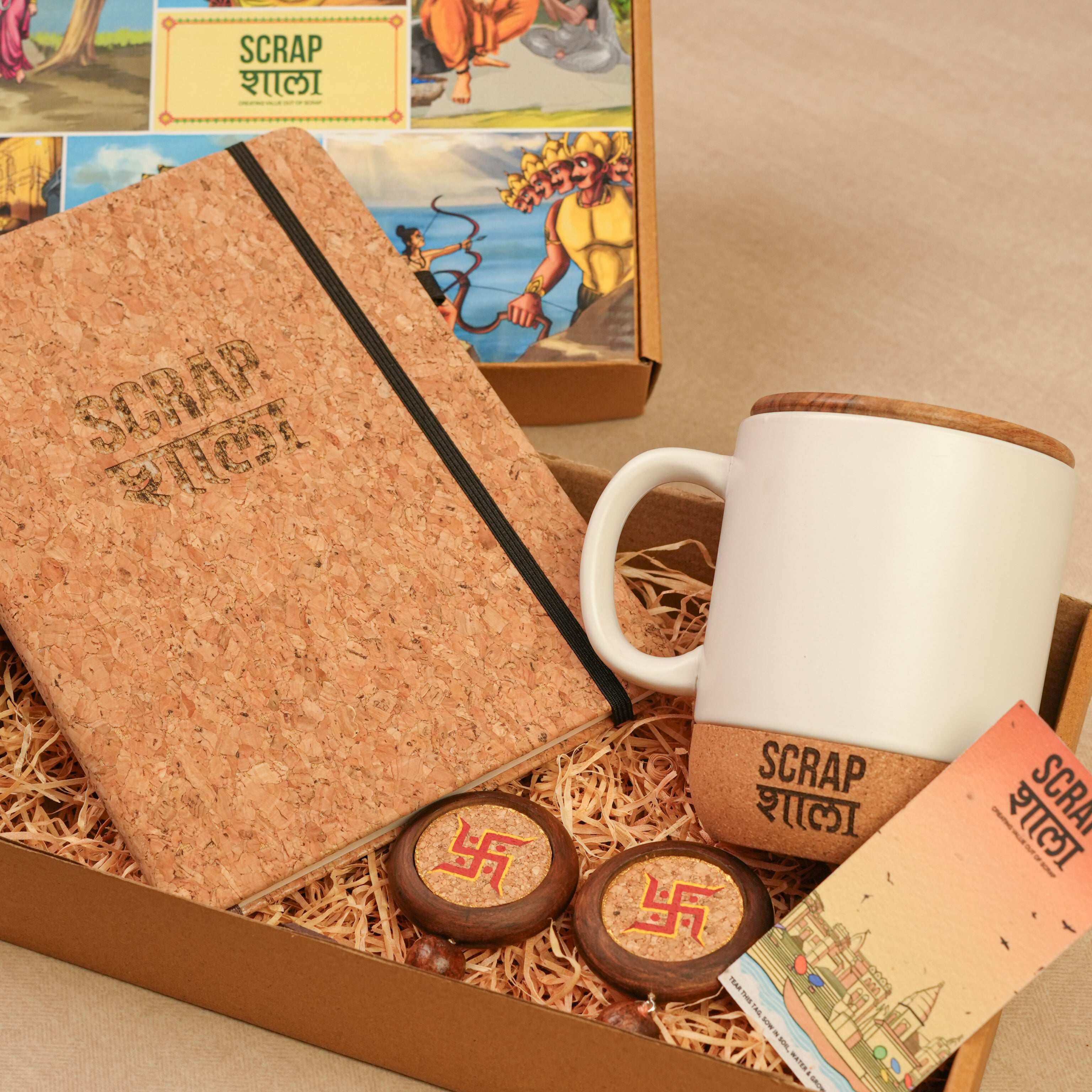 Subh Aarambh Gift Hamper | Cork Ceramic Mug, Cork Diary, Swastik Door Hanging | Premium Sustainable Hamper Handcrafted in Banaras | Corporate Ready