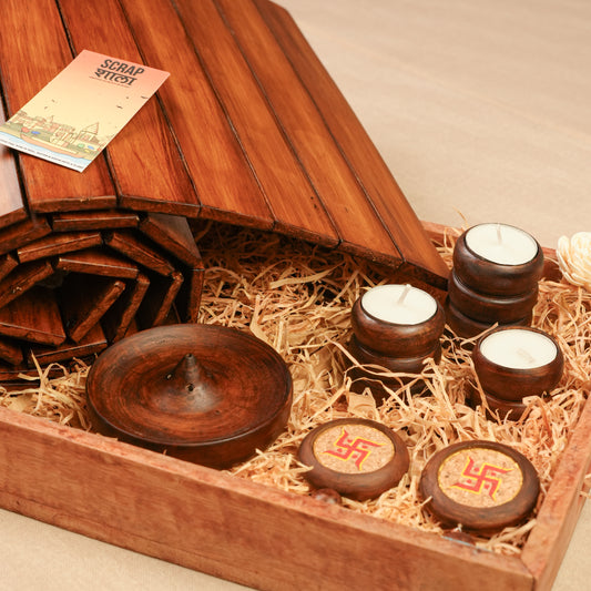 Sajavat Diwali Gift Hamper | Wooden Foldable Runner, Stackable Spiral Tea Light Holders, Swastik Door Hanging & Agarbatti Stand | Sustainable & Handcrafted in Banaras
