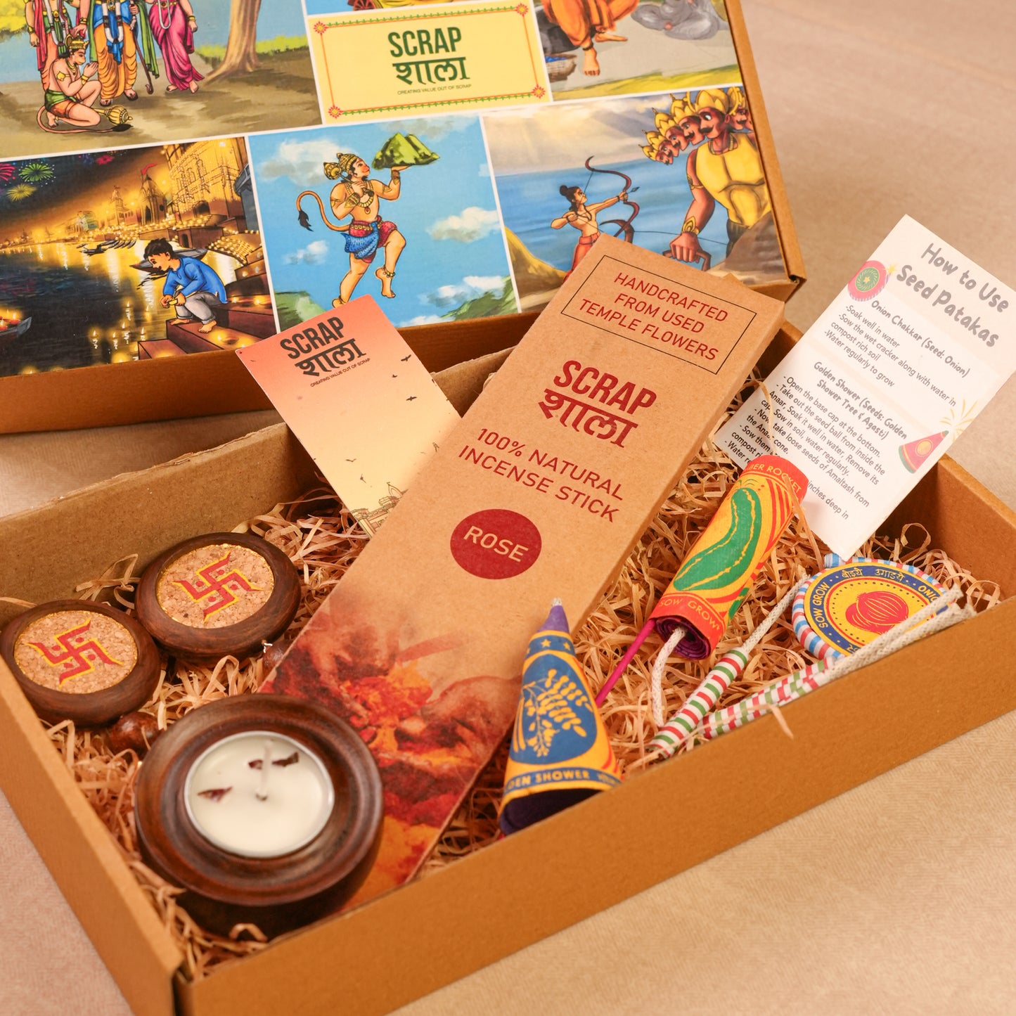 Prakash Diwali Gift Hamper | Eco-Friendly Sustainable Festive Hamper | Handcrafted in Banaras | Plantable Crackers, Wooden T-Light Holder, Agarbatti, Swastik Décor