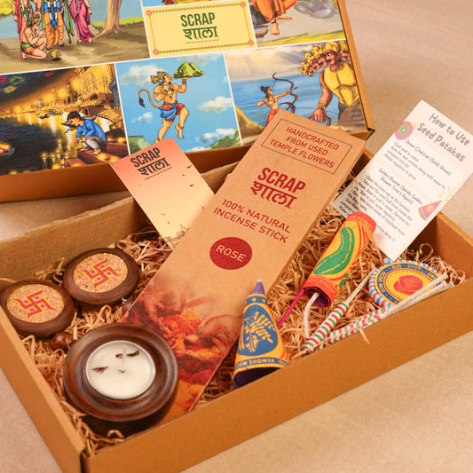 Prakash Diwali Gift Hamper | Eco-Friendly Sustainable Festive Hamper | Handcrafted in Banaras | Plantable Crackers, Wooden T-Light Holder, Agarbatti, Swastik Décor