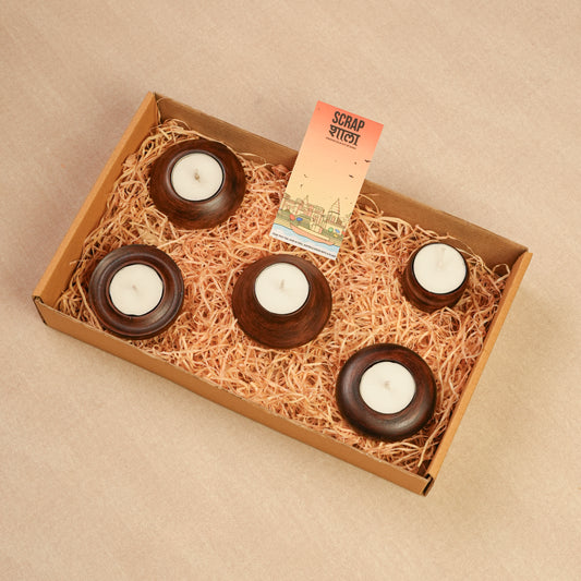 Panchdeep Wooden Tealight Holder Set | Pack of 5 | Handcrafted from Reclaimed Wood