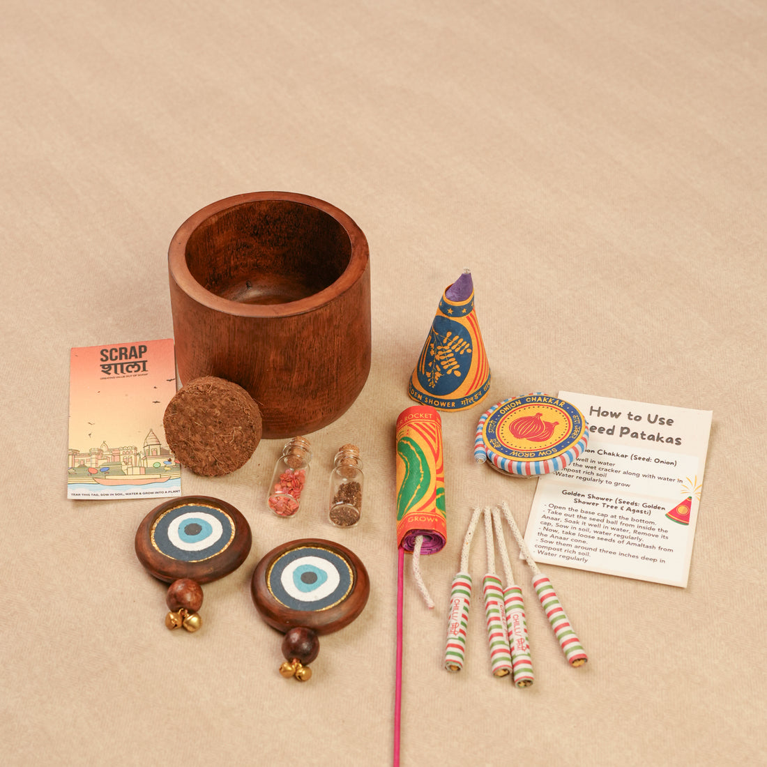 Prakriti Raksha Diwali Gift Hamper | Reclaimed Wood Planter, Plantable Seed Crackers, Seed Jars, Cocopeat & Evil Eye Décor | Sustainable Hamper Handcrafted in Banaras