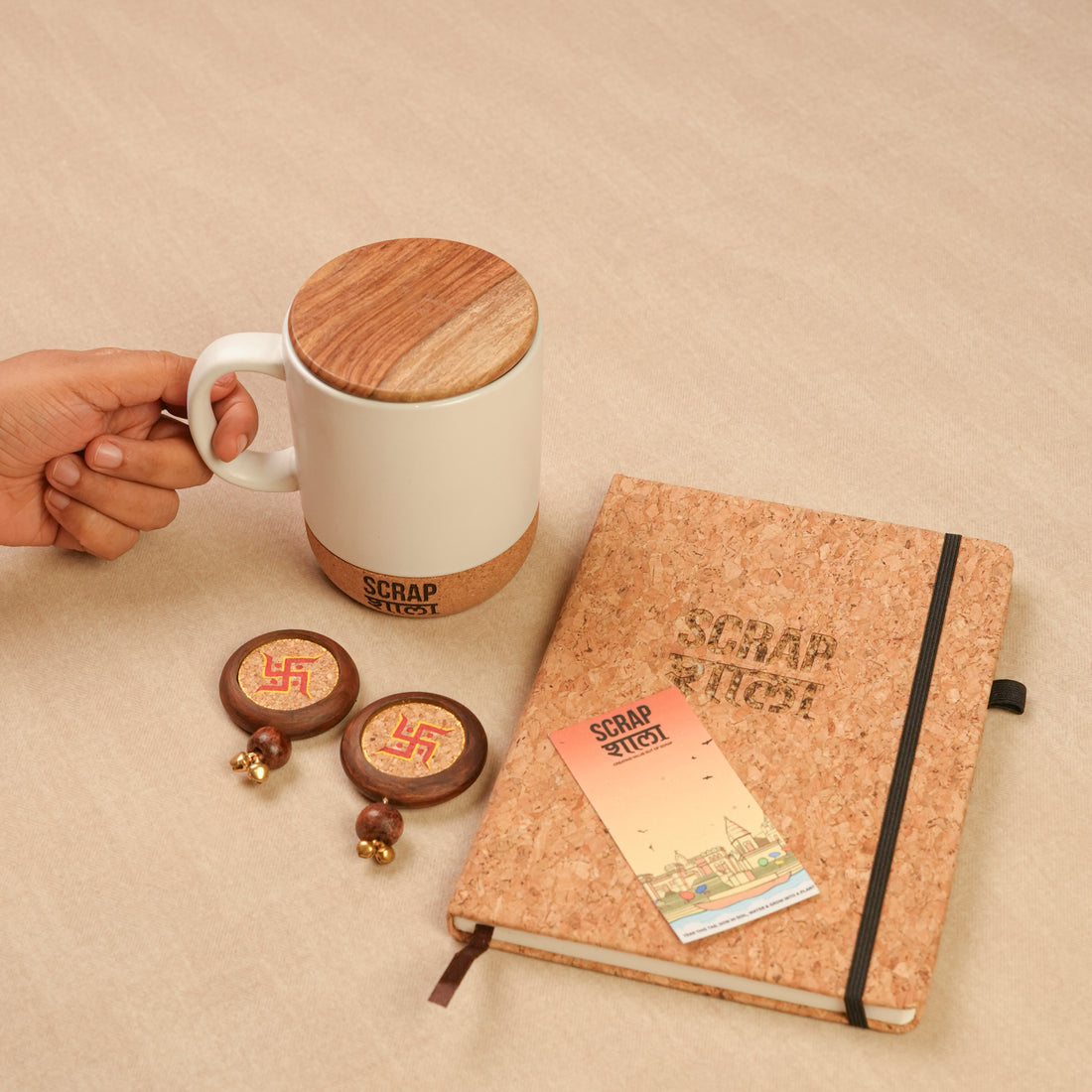 Subh Aarambh Diwali Gift Hamper | Cork Ceramic Mug, Cork Diary, Swastik Door Hanging | Premium Sustainable Hamper Handcrafted in Banaras | Corporate Ready
