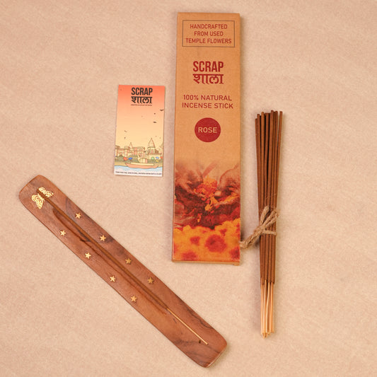 Rose Natural Incense Stick Gift Pack | Made From Temple Flowers | Chemical-free | Charcoal-free | Comes with Wooden Agarbatti Stand