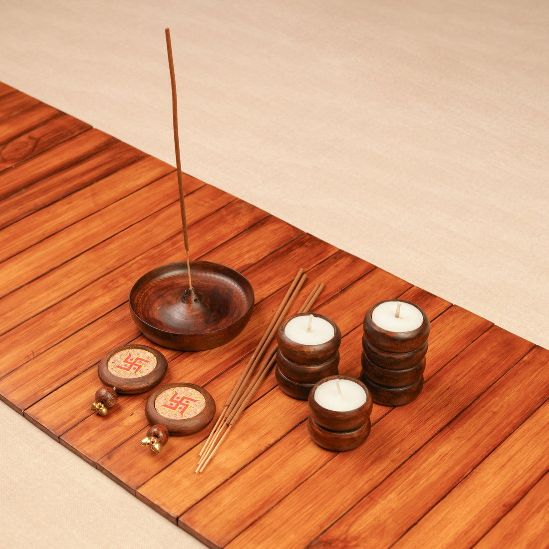 Sajavat Diwali Gift Hamper | Wooden Foldable Runner, Stackable Spiral Tea Light Holders, Swastik Door Hanging & Agarbatti Stand | Sustainable & Handcrafted in Banaras