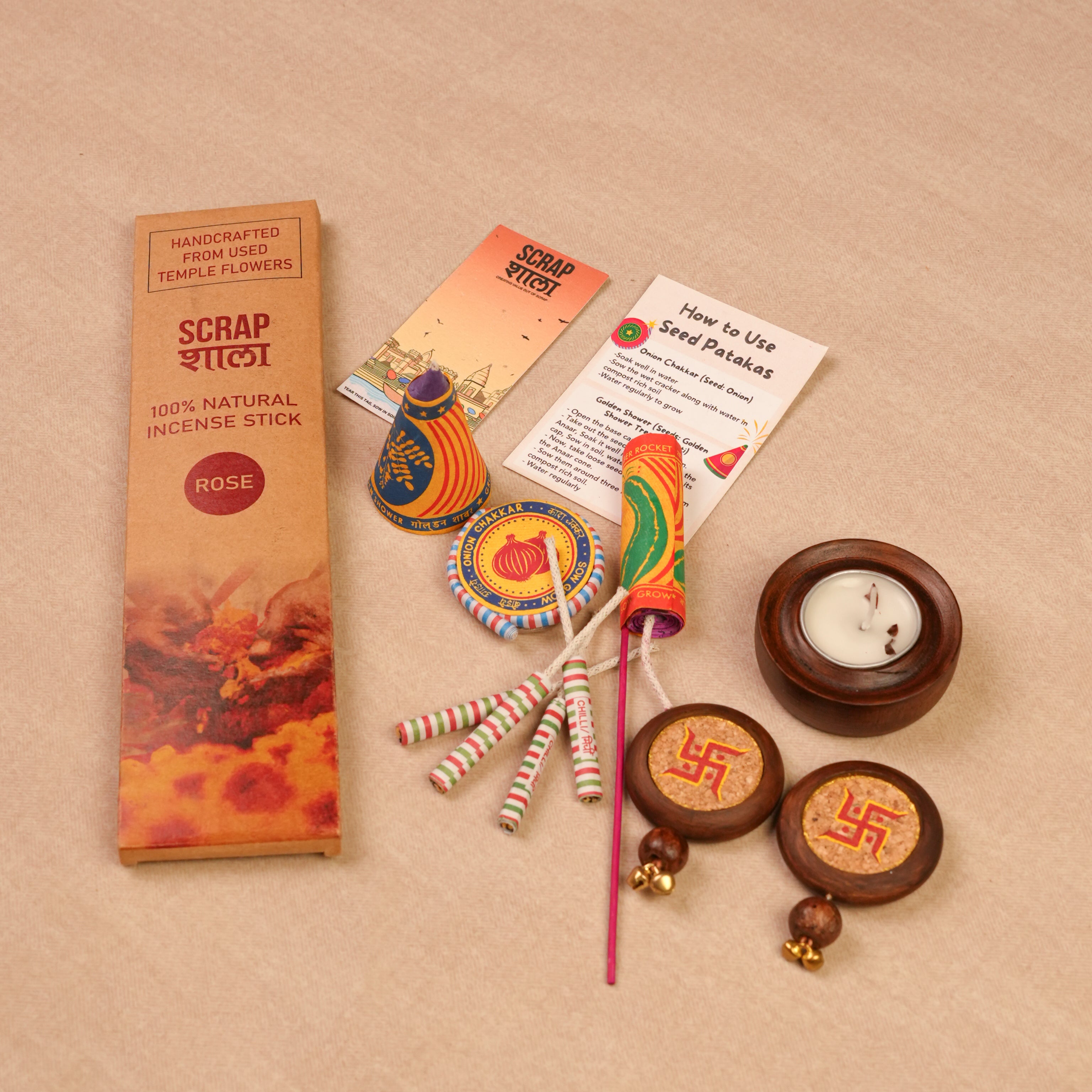 Prakash Diwali Gift Hamper | Eco-Friendly Sustainable Festive Hamper | Handcrafted in Banaras | Plantable Crackers, Wooden T-Light Holder, Agarbatti, Swastik Décor