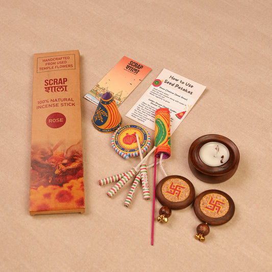 Prakash Diwali Gift Hamper | Eco-Friendly Sustainable Festive Hamper | Handcrafted in Banaras | Plantable Crackers, Wooden T-Light Holder, Agarbatti, Swastik Décor