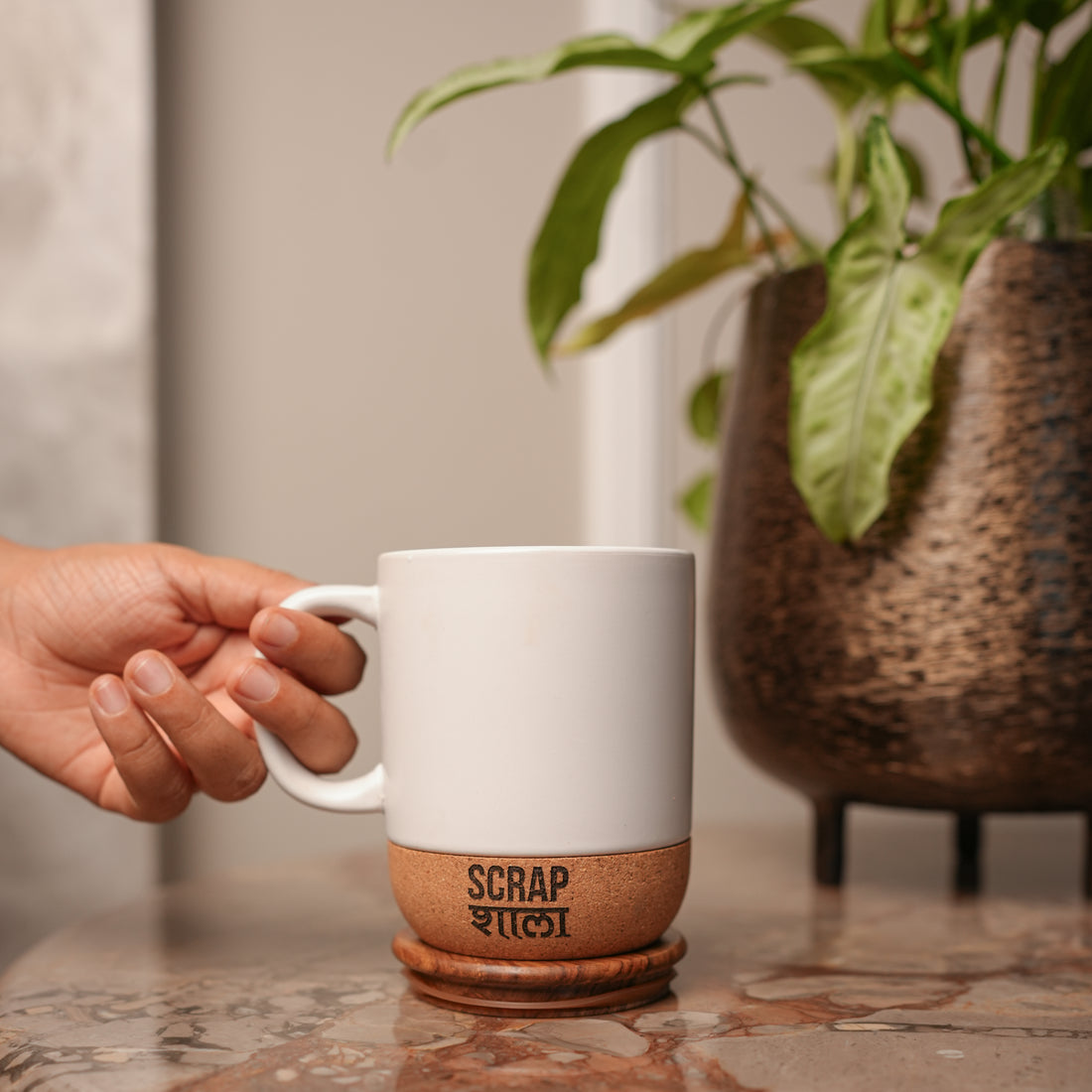 Sukoon Diwali Gift Hamper (Pack of 5) | Cork Ceramic Mug with Wooden Lid | Evil Eye Wooden Coasters | Sustainable & Handcrafted in Banaras