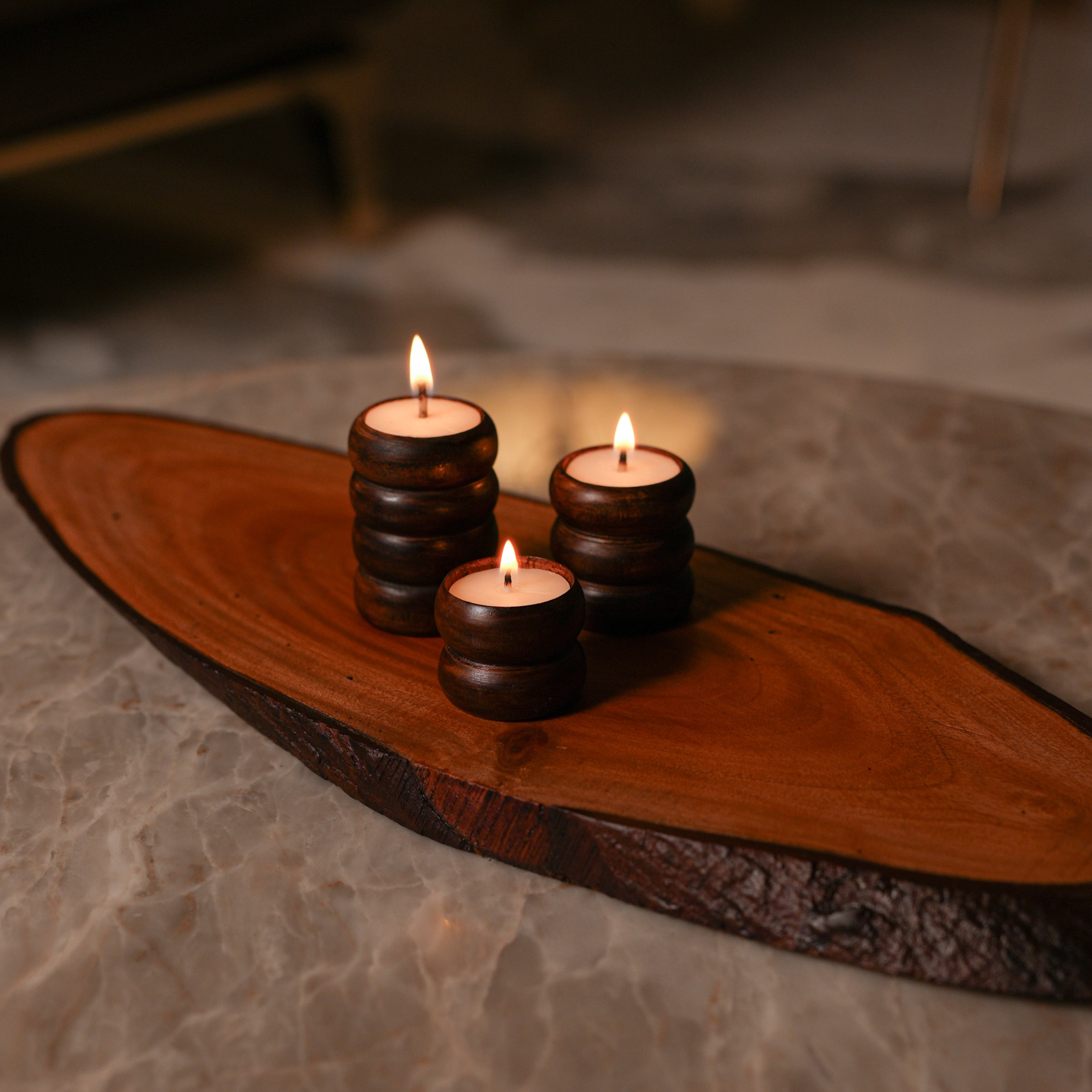 Spiral Glow Wooden Candle Stand Trio | Sustainable Festive Gift | Stackable & Reusable Tea-Light Holders | Handcrafted in Banaras