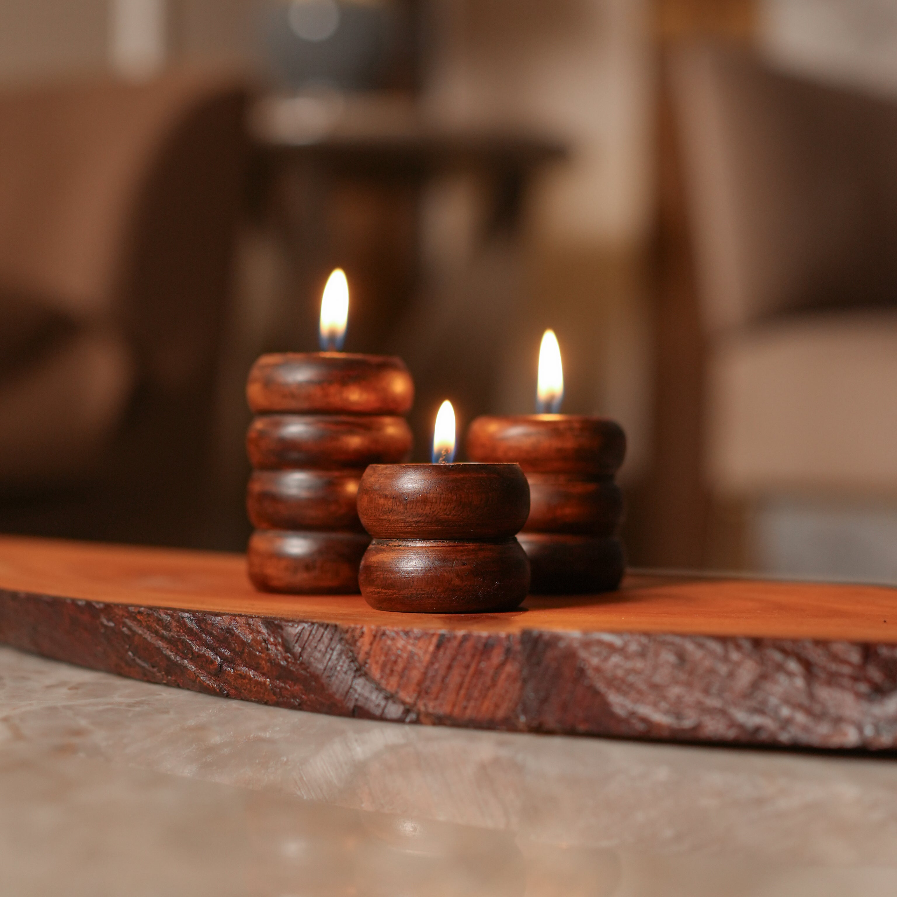 Spiral Glow Wooden Candle Stand Trio | Sustainable Festive Gift | Stackable & Reusable Tea-Light Holders | Handcrafted in Banaras