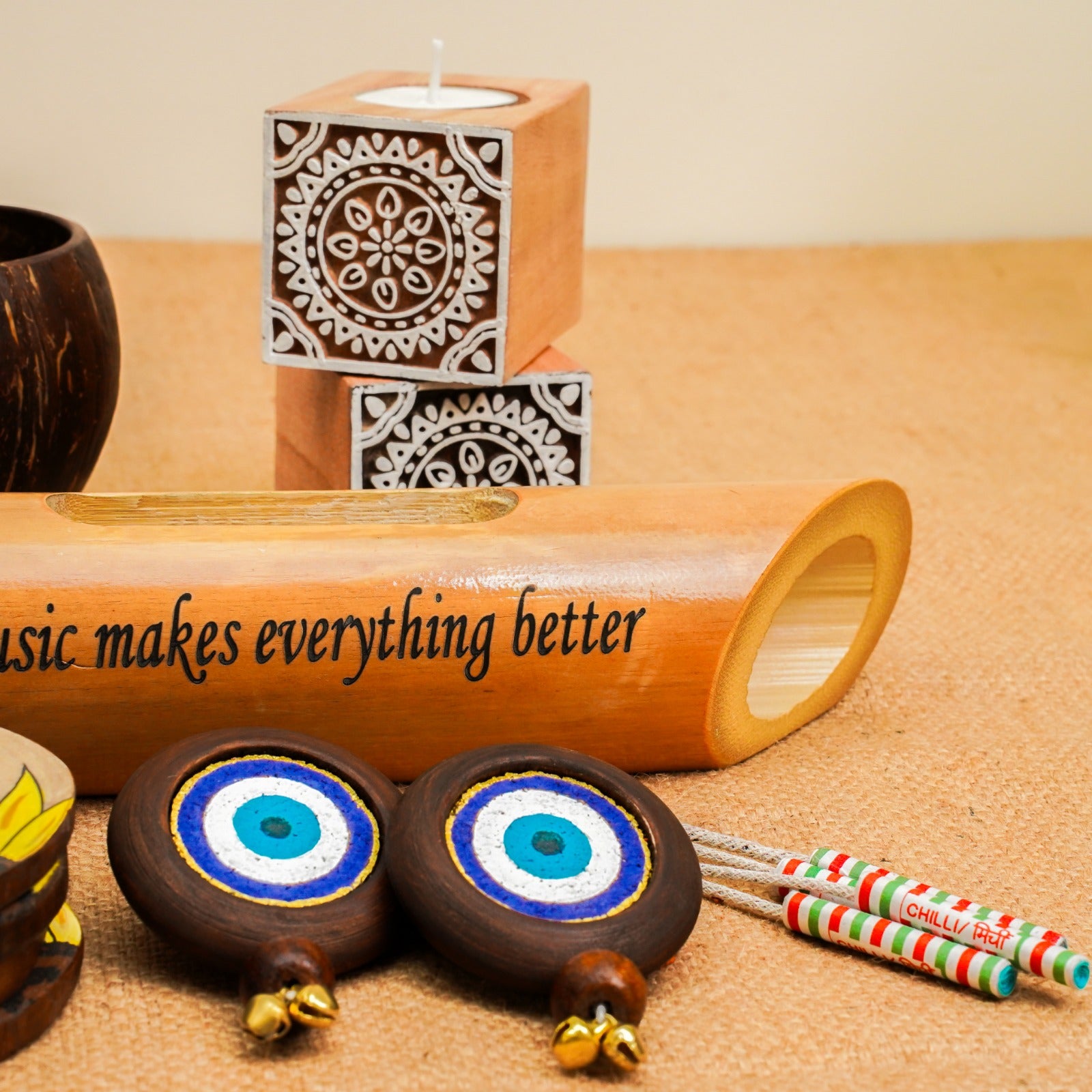 Go Green Diwali Gift Hamper | Mandala candle Holders | Evil Eye Door Hanging | Plantable Crackers | Wooden Coasters | Coconut Bowl | Bamboo Sound Amplifier | Handcrafted in Banaras