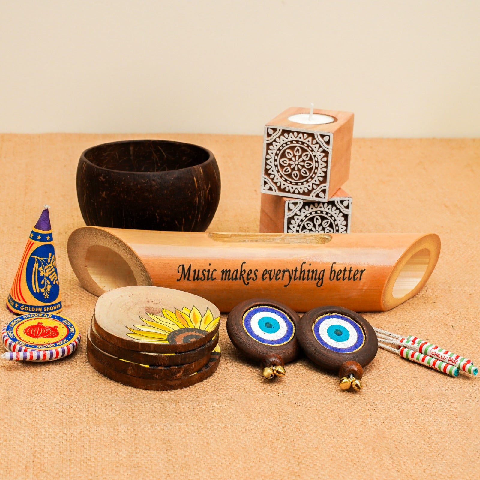 Go Green Diwali Gift Hamper | Mandala candle Holders | Evil Eye Door Hanging | Plantable Crackers | Wooden Coasters | Coconut Bowl | Bamboo Sound Amplifier | Handcrafted in Banaras