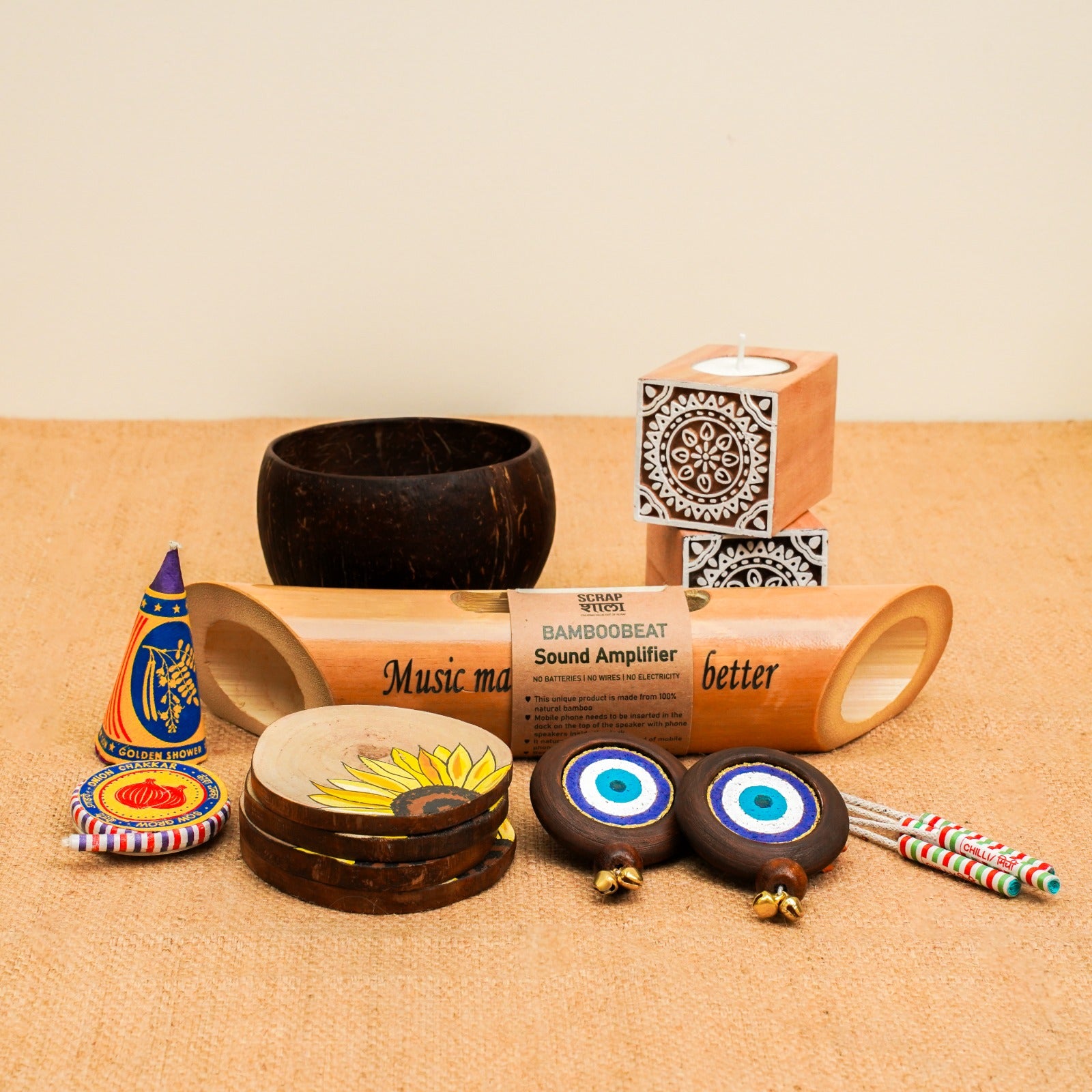 Go Green Diwali Gift Hamper | Mandala candle Holders | Evil Eye Door Hanging | Plantable Crackers | Wooden Coasters | Coconut Bowl | Bamboo Sound Amplifier | Handcrafted in Banaras