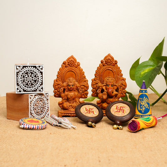 Divine Diwali Gift Hamper | Terracotta Ganesh Laxmi Idol | Mandala Tea light Holders | Swastik Door Hanging Set | Plantable Crackers Pack | Handcrafted in Banaras