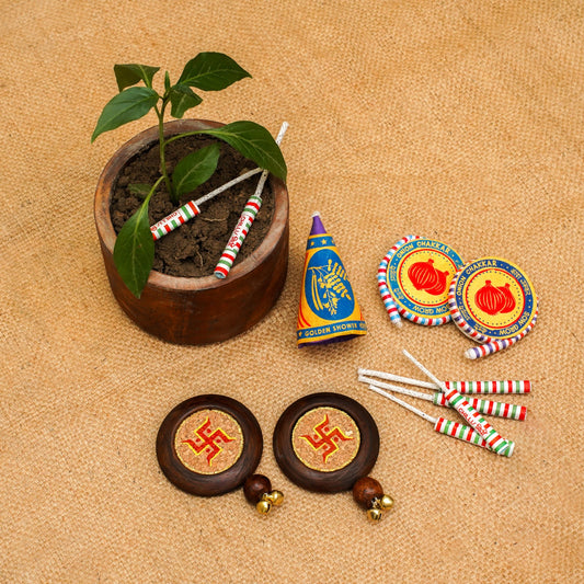 Corporate Diwali Gift Hamper | Swastik Door Hanging Set | Plantable Crackers Pack | Wooden Planter | Handcrafted in Banaras