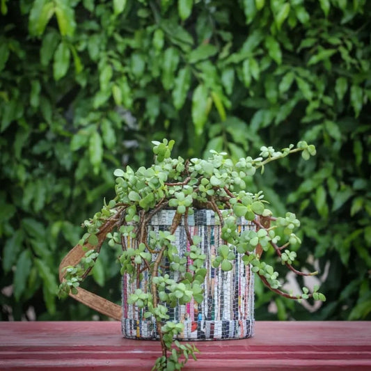 Multipurpose Basket | Cork handle for hanging | Upcycled magazine paper textile | Handloomed by hand | Scrapshala