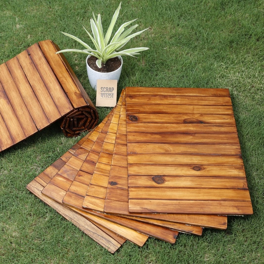 Foldable Reclaimed Wood Walnut Table Mats | Pack of 6 | Sustainable & Handcrafted by Scrapshala | Made in India