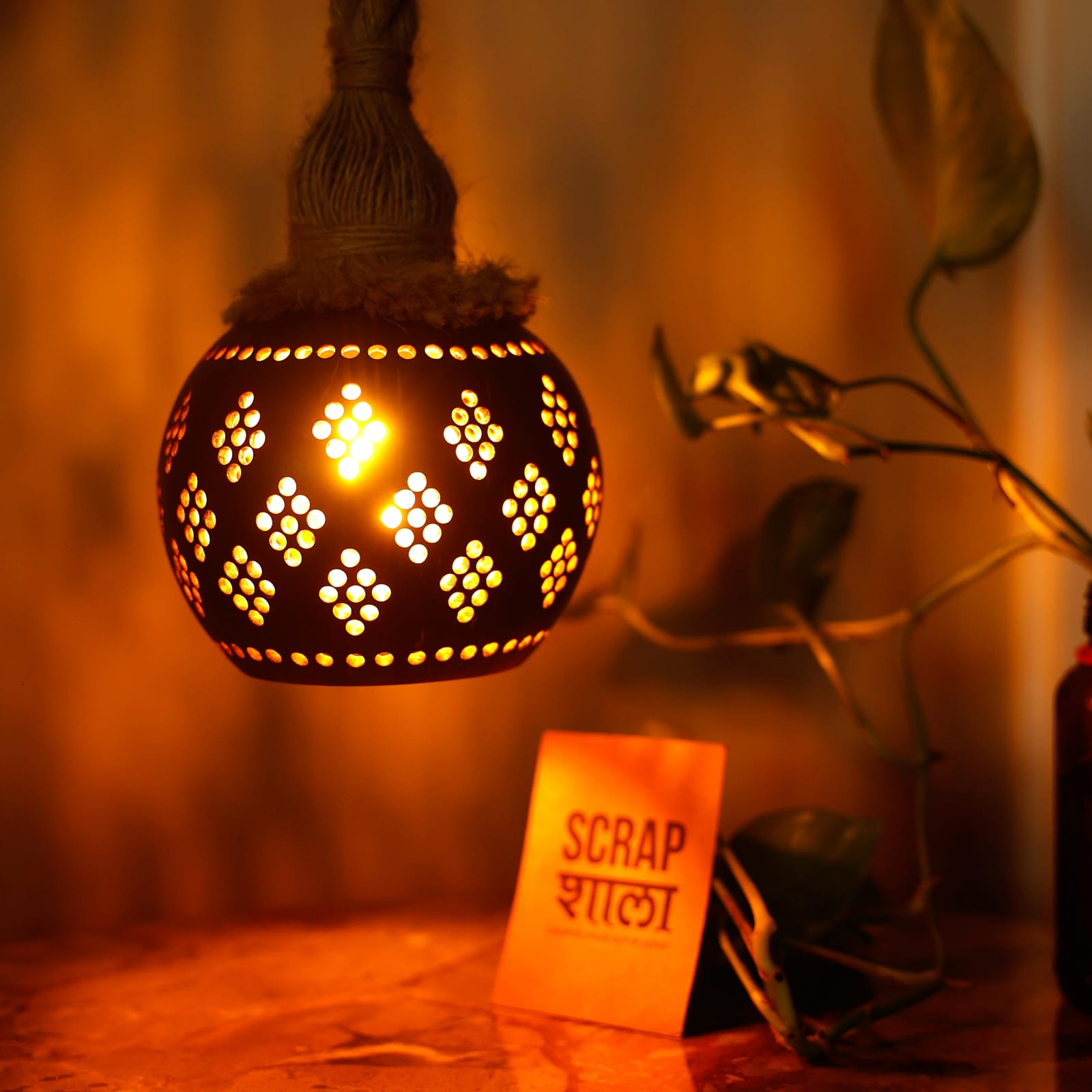 Coconut Shell Hanging Lamp | Handmade Eco-Friendly Ceiling Light | Intricate Cutwork Pattern | Sustainable Home Décor
