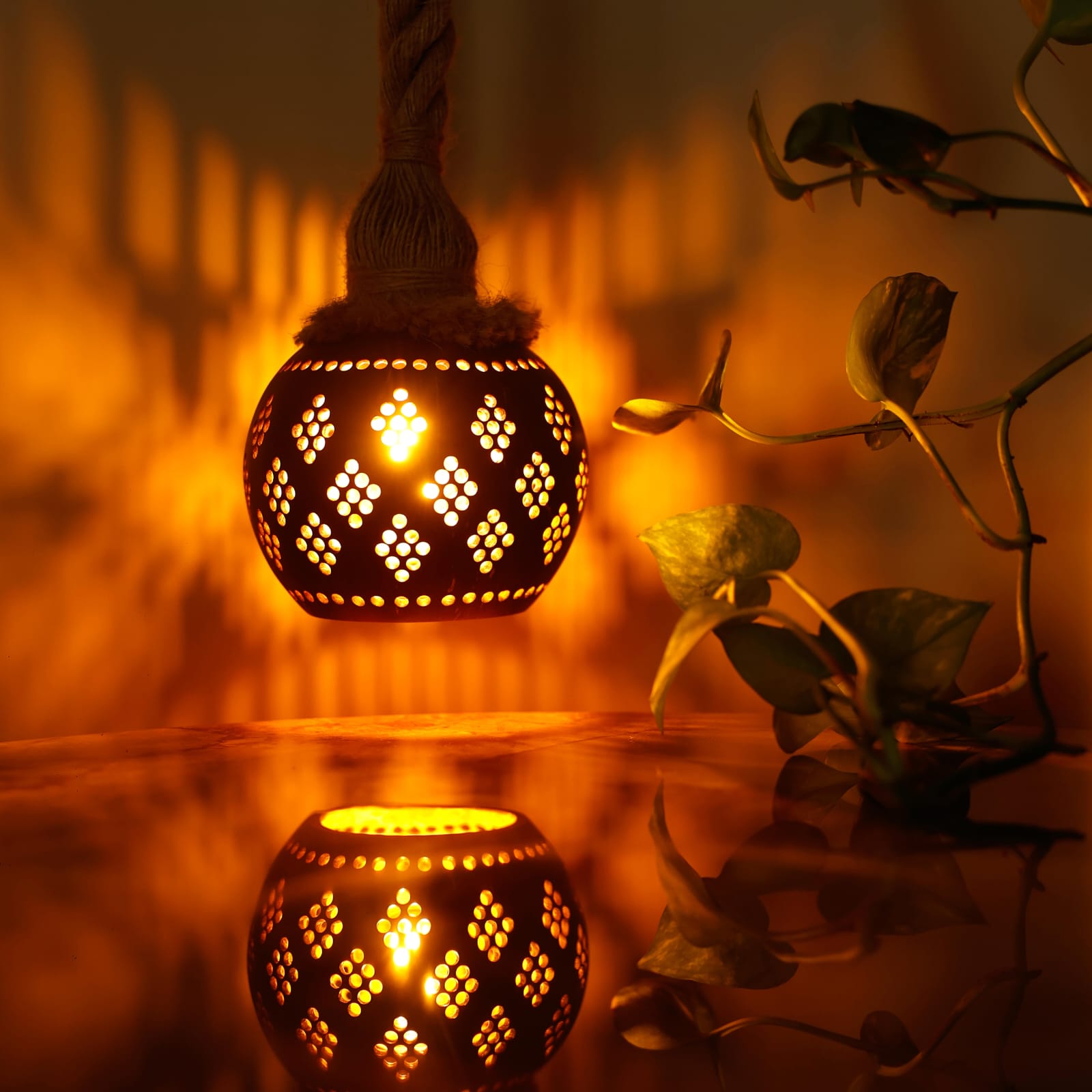 Coconut Shell Hanging Lamp | Handmade Eco-Friendly Ceiling Light | Intricate Cutwork Pattern | Sustainable Home Décor