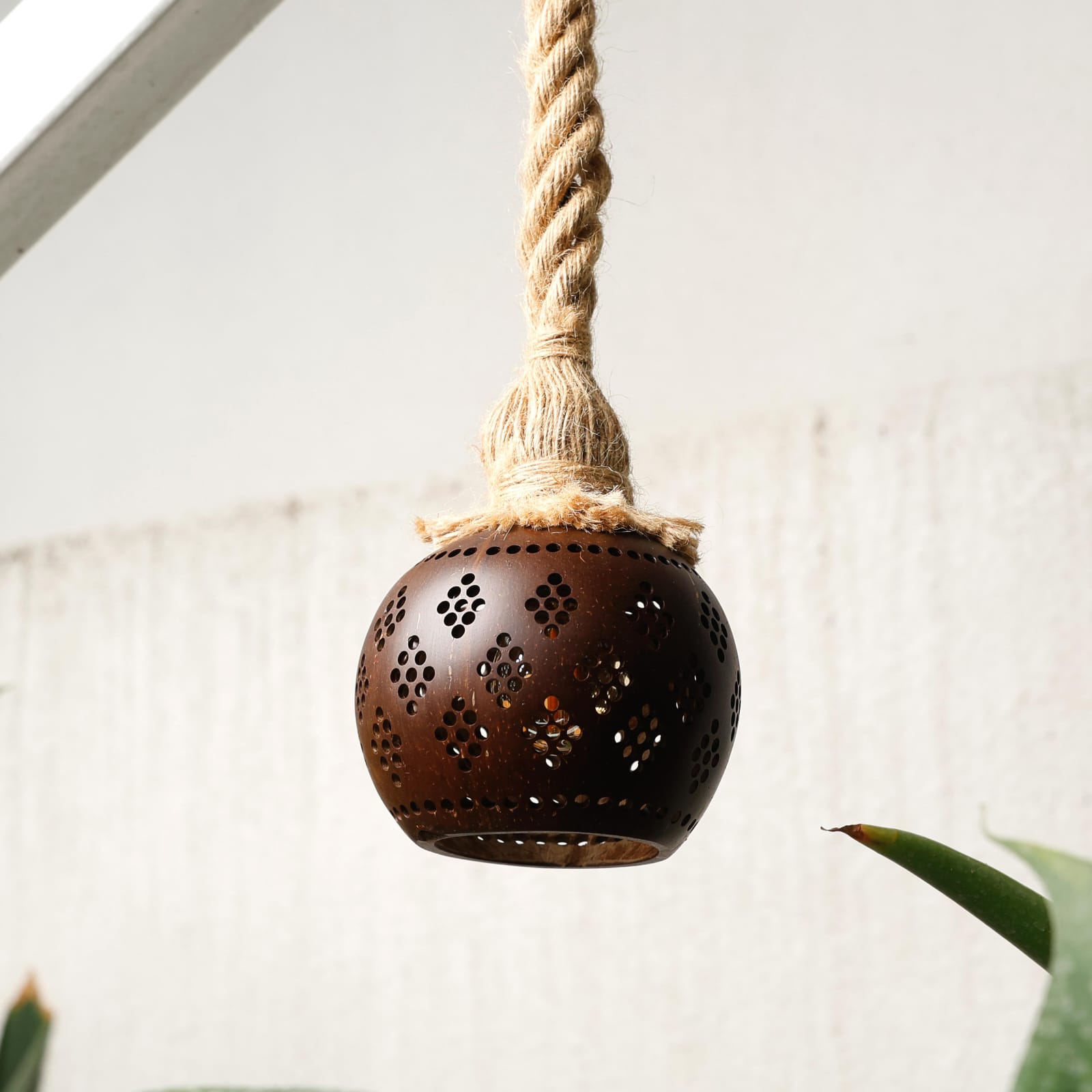 Coconut Shell Hanging Lamp | Handmade Eco-Friendly Ceiling Light | Intricate Cutwork Pattern | Sustainable Home Décor
