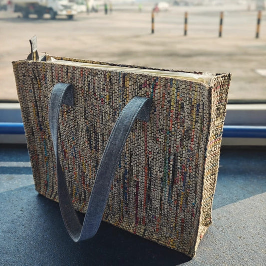 CHARCHA Upcycled Tote Bag | Newspaper Textile Tote with Denim Handles | Zipper Closure | Handmade by Scrapshala