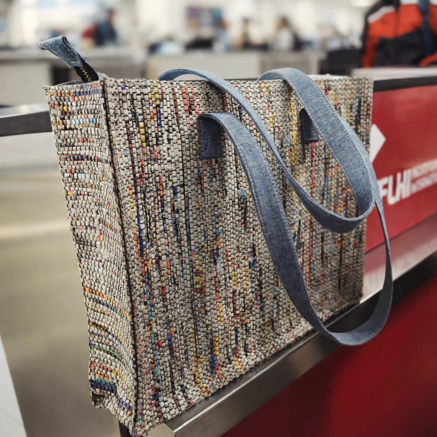 CHARCHA Upcycled Tote Bag | Newspaper Textile Tote with Denim Handles | Zipper Closure | Handmade by Scrapshala
