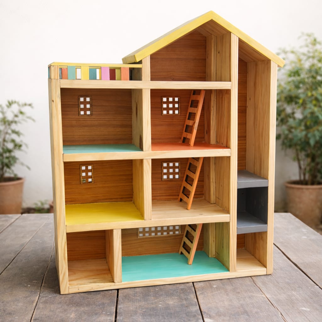Wooden Doll House with Furniture | 4 Storey Pretend Play House | Handmade from Reclaimed Wood | Scrapshala