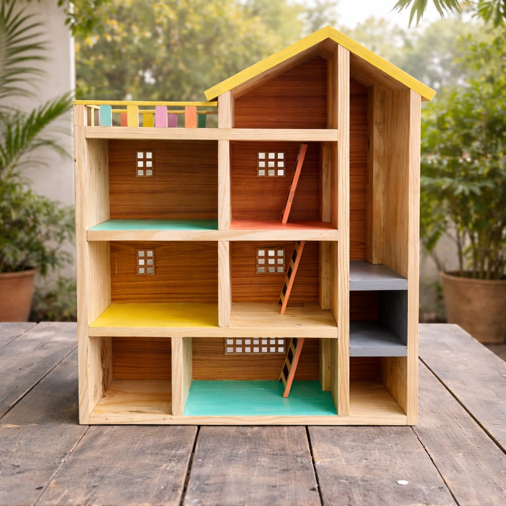 Wooden Doll House with Furniture | 4 Storey Pretend Play House | Handmade from Reclaimed Wood | Scrapshala