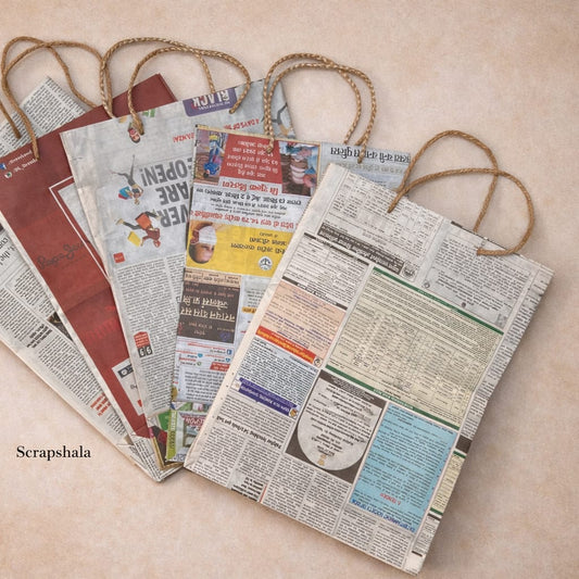 Upcycled Newspaper Carry Bags (Pack of 12) | Handmade Paper Bags | Eco-Friendly Alternative to Plastic | Scrapshala