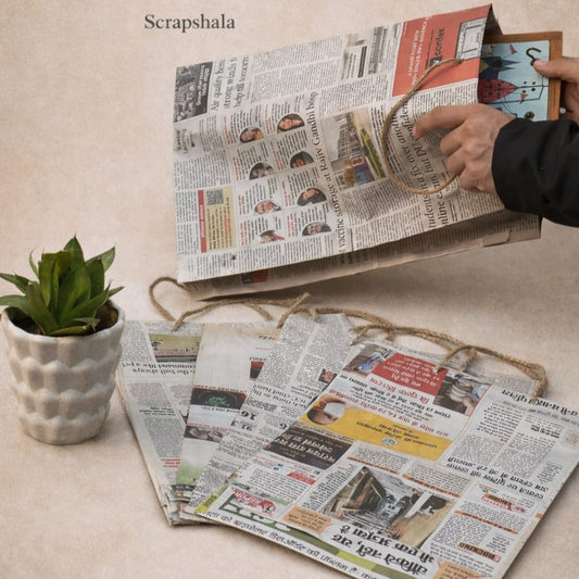 Upcycled Newspaper Carry Bags (Pack of 12) | Handmade Paper Bags | Eco-Friendly Alternative to Plastic | Scrapshala