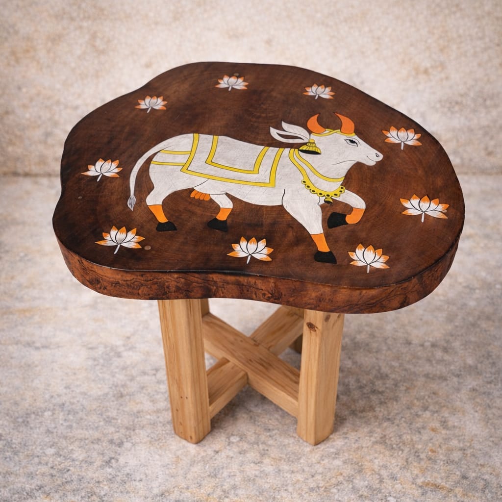 Pichwai Nandi Lotus Motif Coffee Table | Handpainted Reclaimed Wood Live-Edge Table | Sustainable Indian Decor | Scrapshala