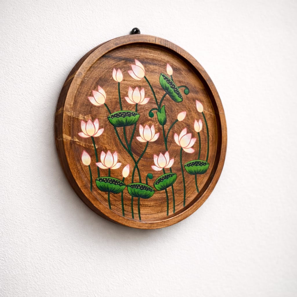 Pichwai Lotus Wooden Wall Plate | Handpainted Reclaimed Wood Wall Decor | ScrapShala