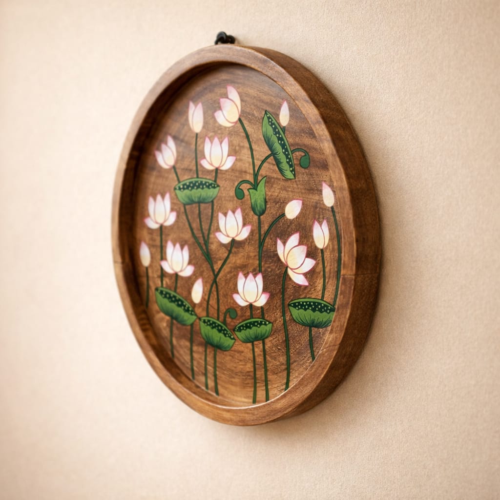 Pichwai Lotus Wooden Wall Plate | Handpainted Reclaimed Wood Wall Decor | ScrapShala