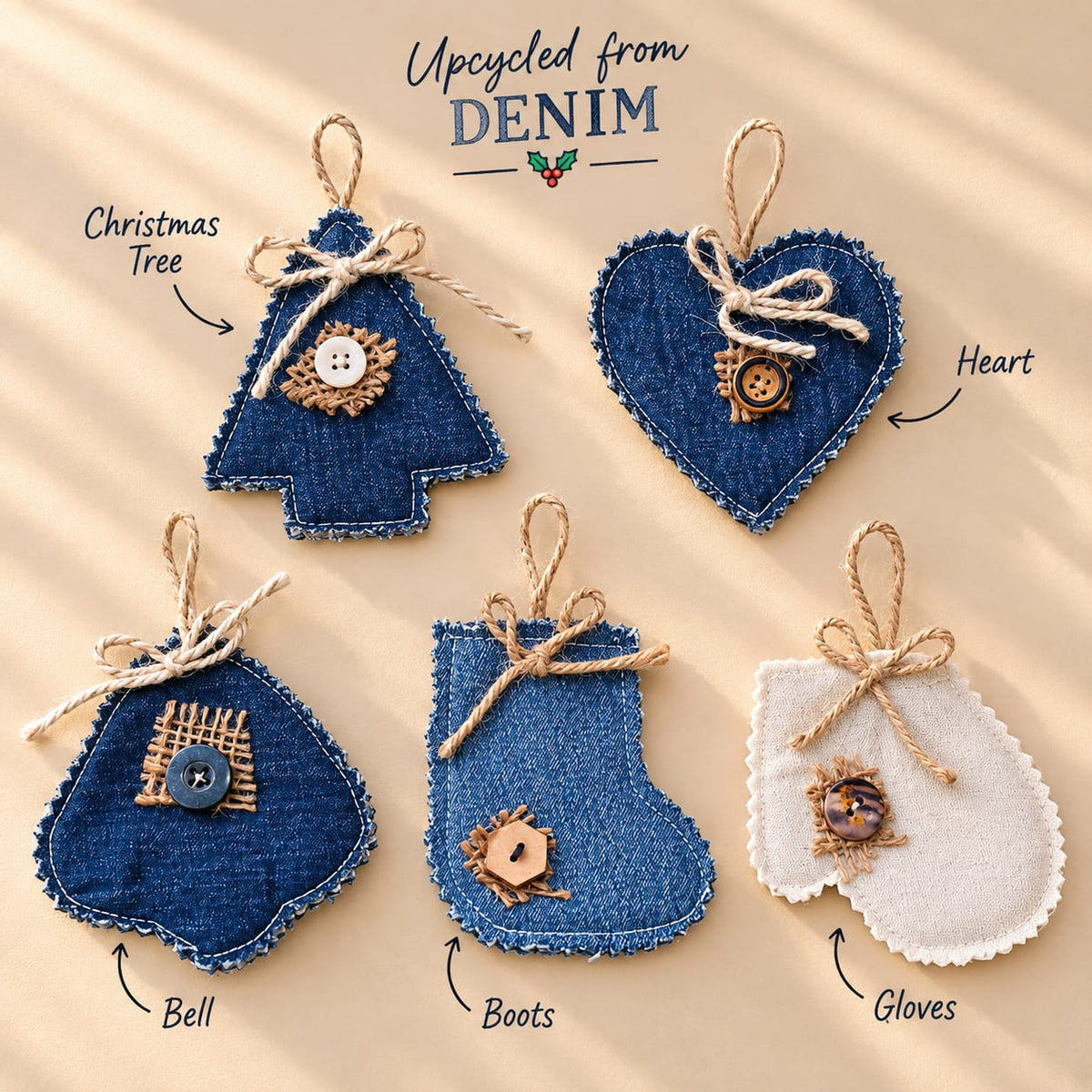 Upcycled Denim Christmas Ornaments | Set of 5 Handmade Reusable Decorations