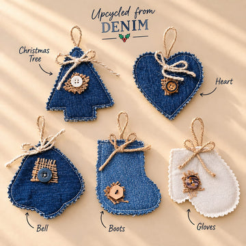 Upcycled Denim Christmas Ornaments | Set of 5 Handmade Reusable Decorations