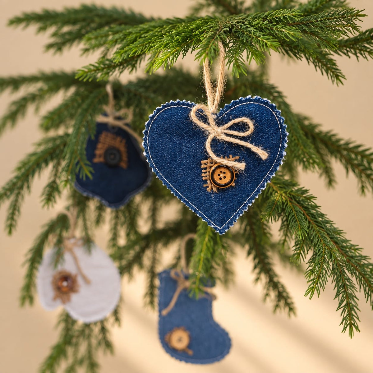 Upcycled Denim Christmas Ornaments | Set of 5 Handmade Reusable Decorations