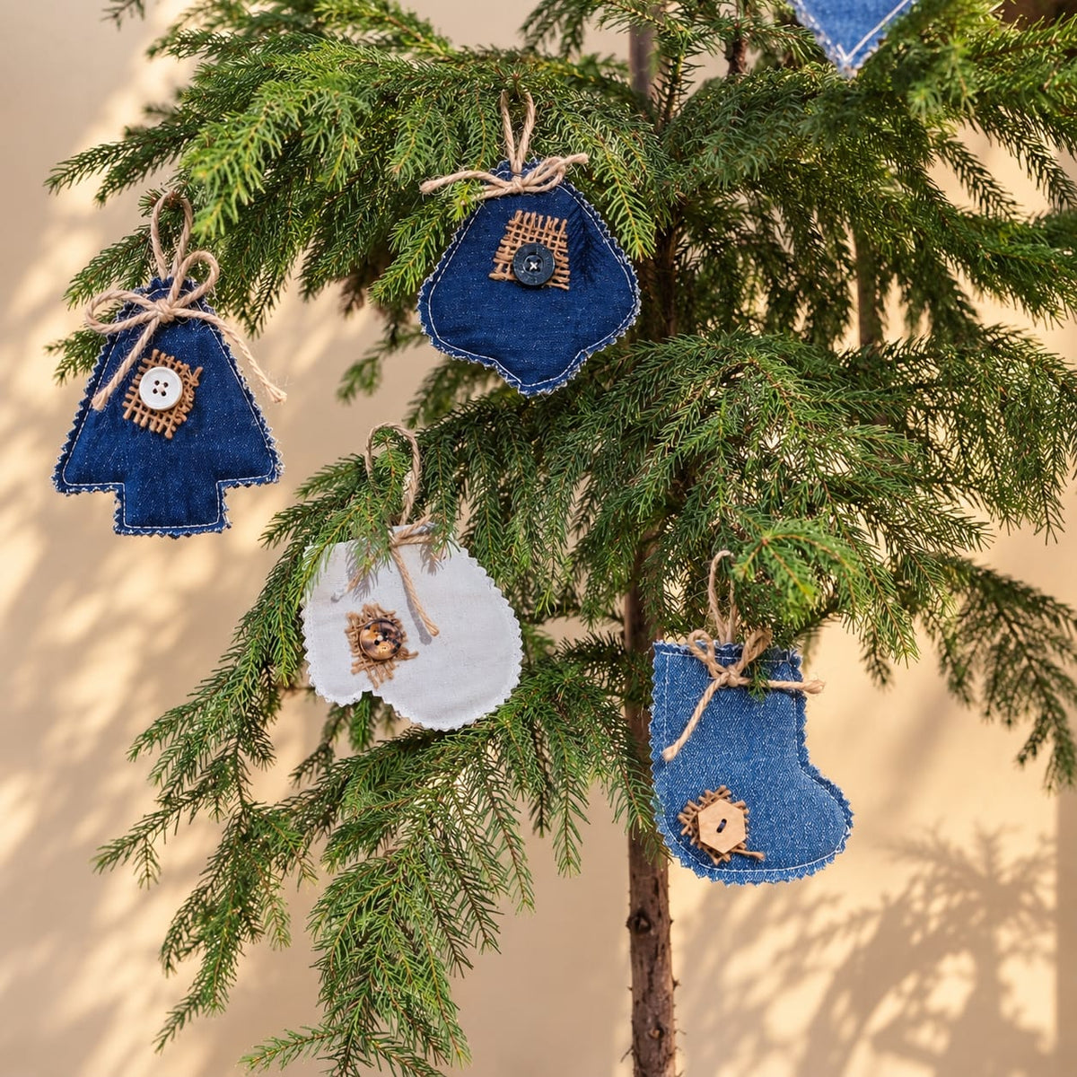 Upcycled Denim Christmas Ornaments | Set of 5 Handmade Reusable Decorations
