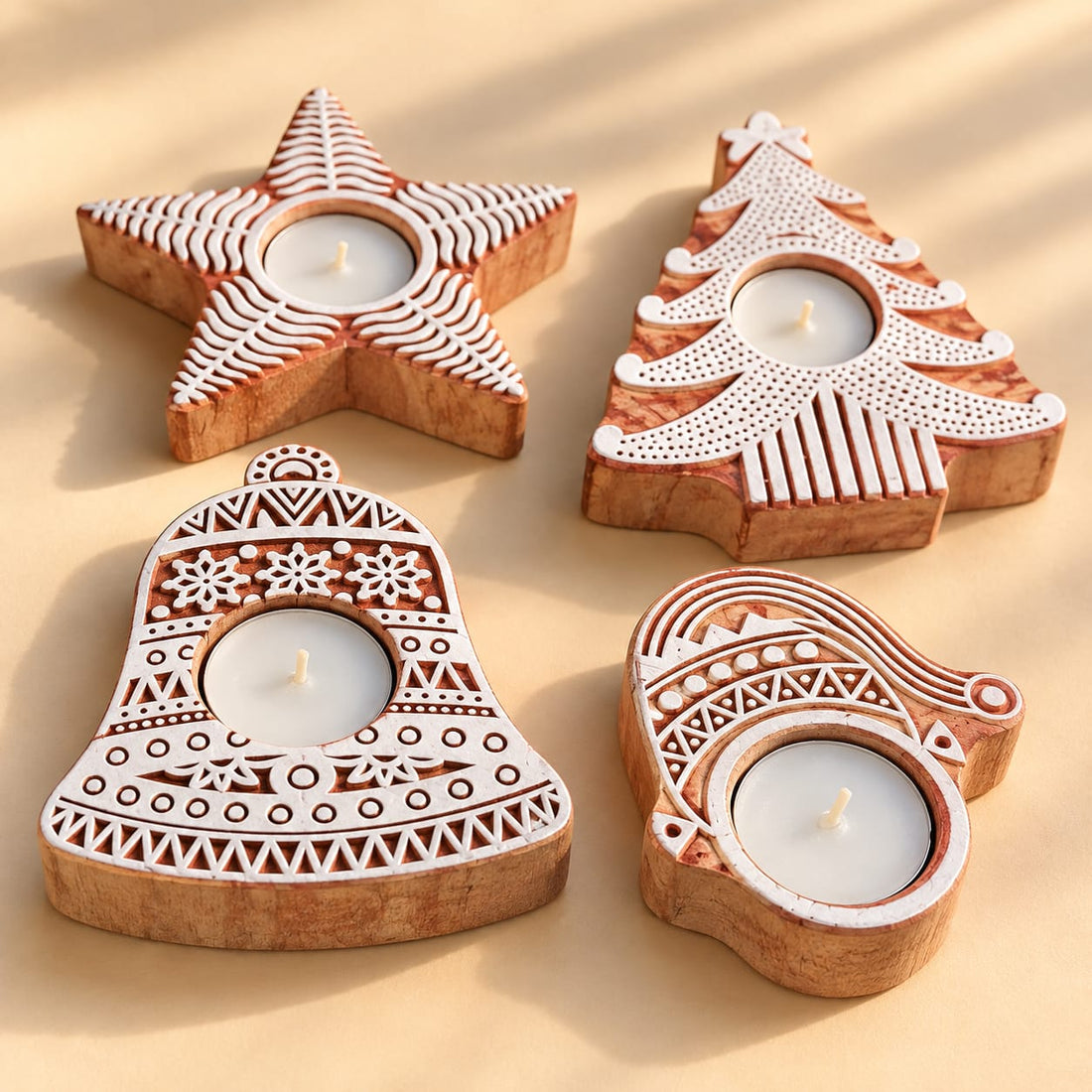 Christmas Wooden Tealight Holder Set | Eucalyptus Wood Christmas Decor